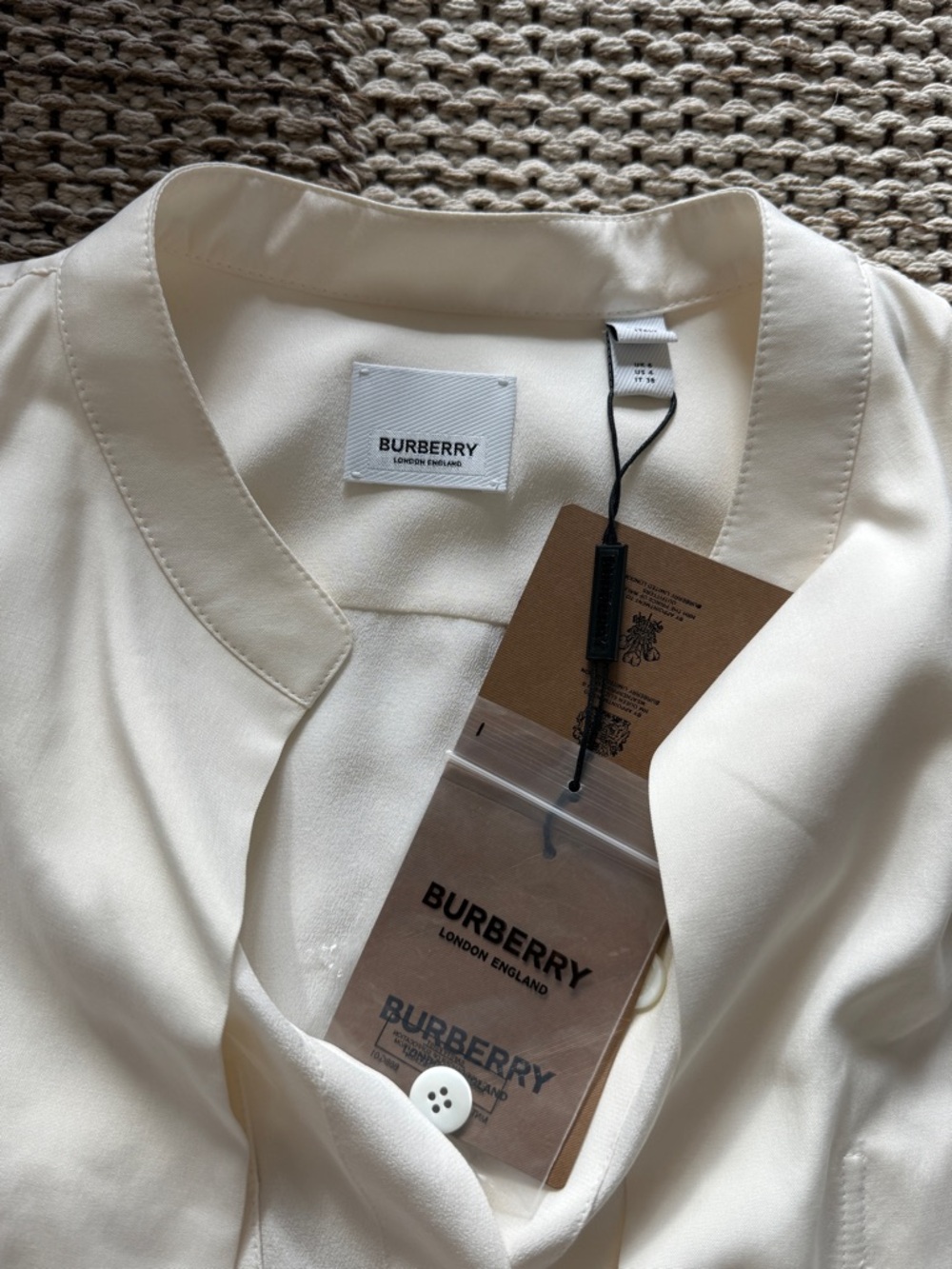 BURBERRY Neutral White Suziesl Crepe De Chine Logo Detail Sleeveless Silk Shirt